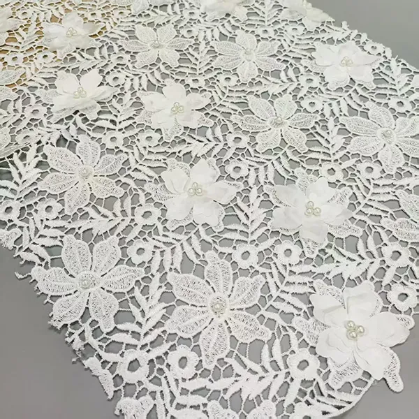 Țesătură de dantelă florală 3D perle de broderie cu cordon de apă soluabil