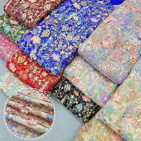 țesătură de broderie cu plasă 3D multicoloră cu flori pentru îmbrăcăminte țesătură de broderie pentru rochii