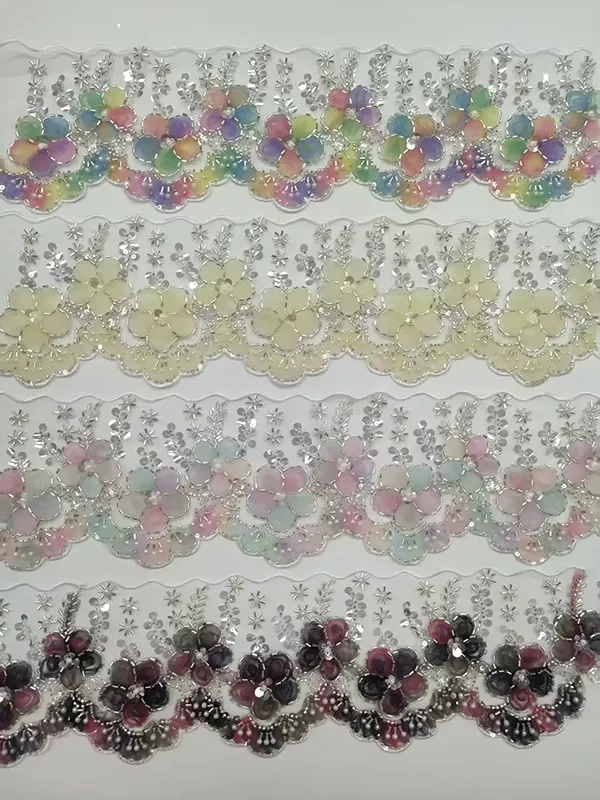 Multicolor Embroidered Lace With 3d Mesh Flowers Ribbon Beaded Tube Barcode Embroidery Lace