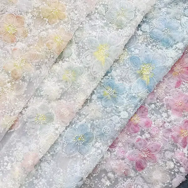 3d Ribbon Flower Embroidery Net Fabric With Sequins And Beads 3d Ribbon Flower Embroidery Net Fabric With Sequins And Beads