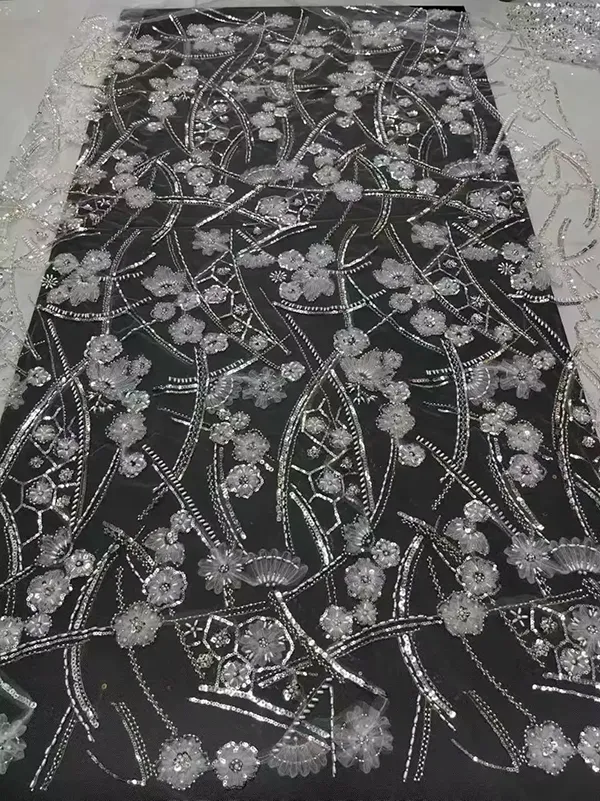 3d Ribbon Flower Embroidery Net Fabric With Sequins And Beads 3d Ribbon Flower Embroidery Net Fabric With Sequins And Beads