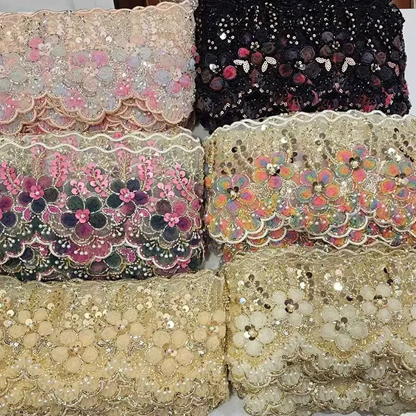 Dantela brodata multicolora cu plasa 3D Flori Panglica Tub cu margele Dantela brodata cu coduri de bare