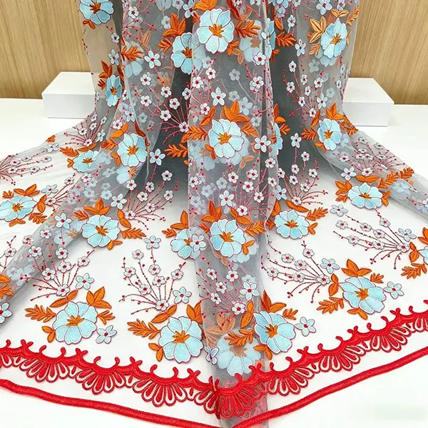 Țesătură din dantelă din plasă cu broderie multicoloră vintage pentru rochii
