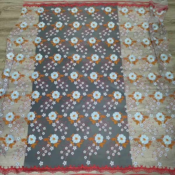 Țesătură din dantelă din plasă cu broderie multicoloră vintage pentru rochii